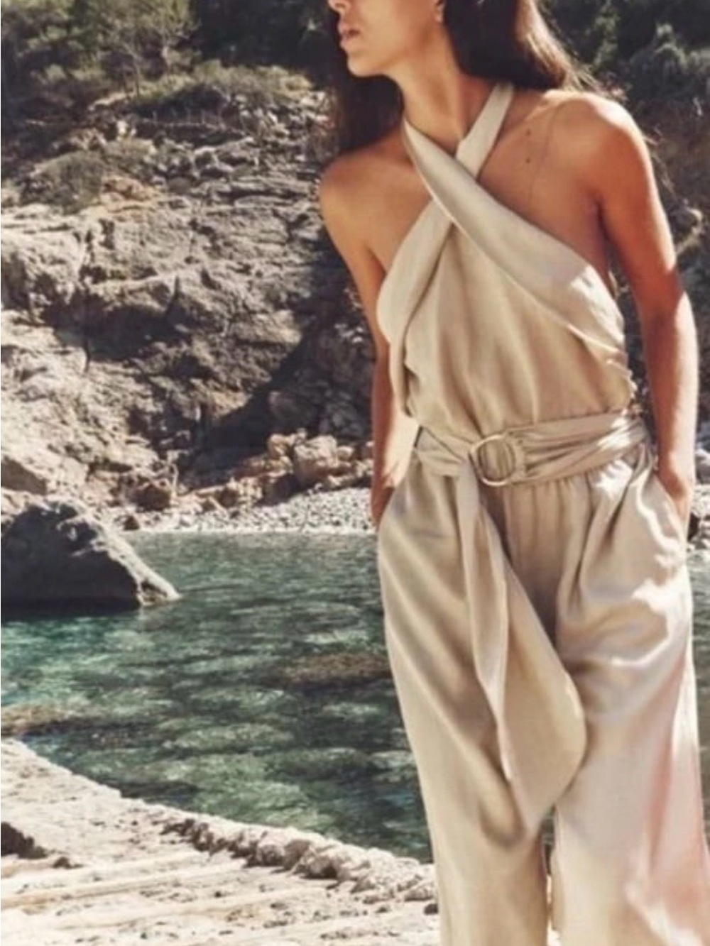 Zara Cream Cross-Neck Belted Jumpsuit